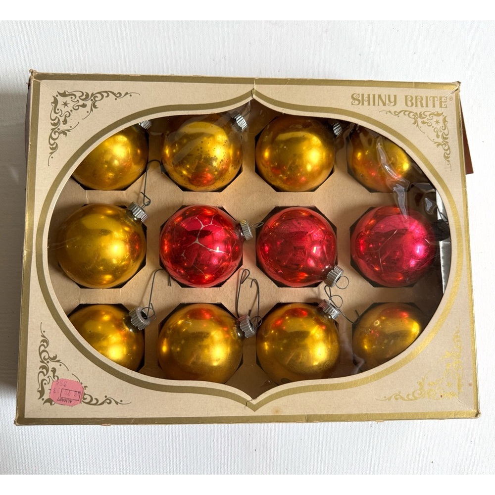 Vintage Shiny Brite Glass Christmas Ornaments 12 w/ Original Box Gold Pink MCM